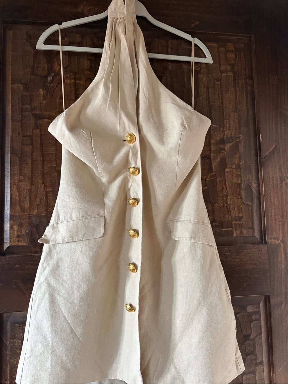 Cream Halter Mini Dress with Gold Buttons